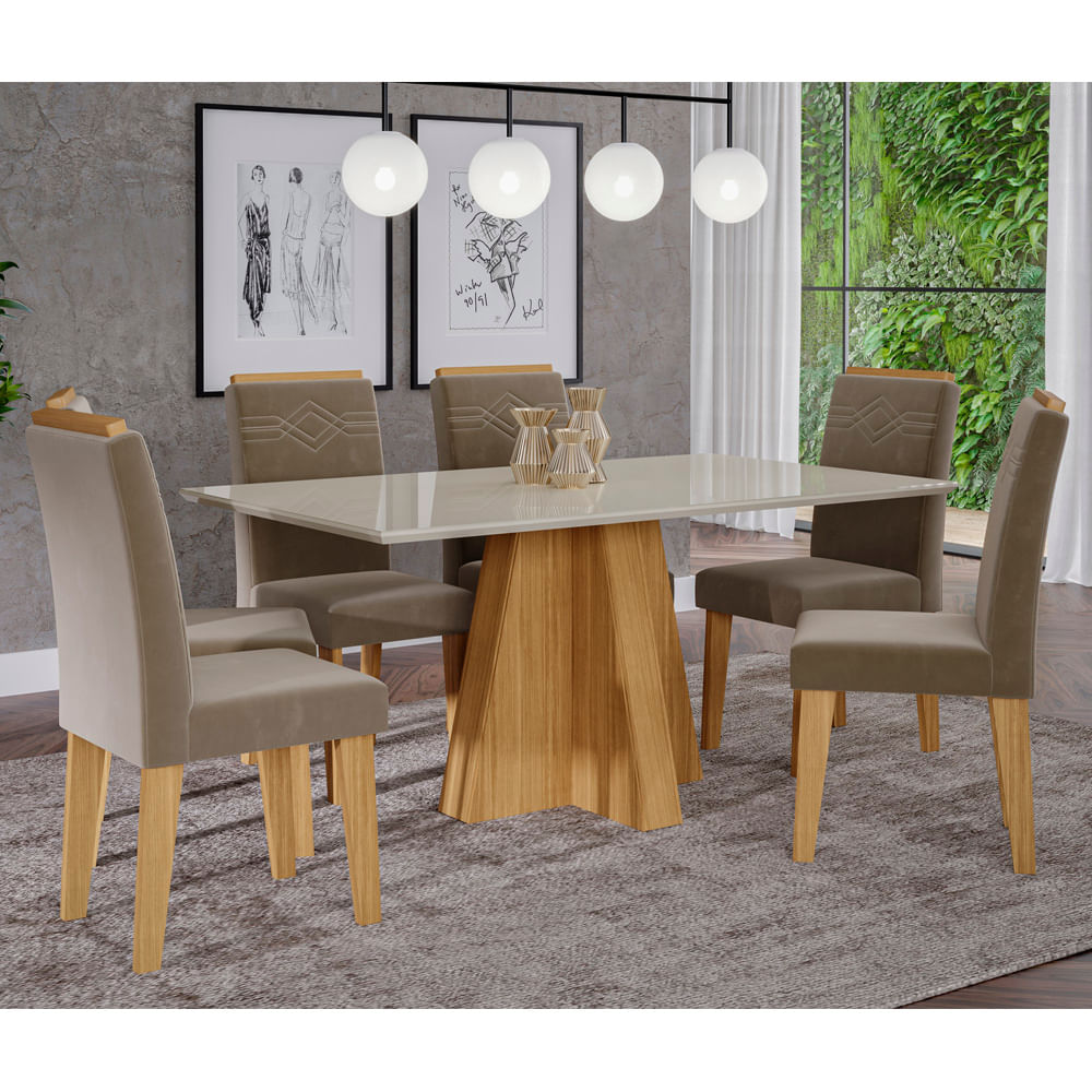 Conjunto de Mesa Maitê 160 cm 6 cadeiras Paola Cimol Nature/Off White/Nude  - ebbamoveis