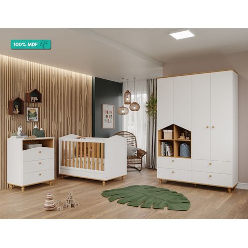 Quarto de Bebê com Cômoda 1 Porta e Guarda Roupa 4 Portas Casinha