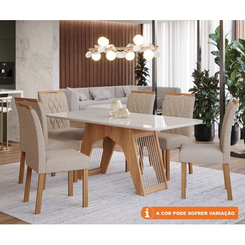 Conjunto Sala de Jantar Mesa Charlote 180x90 cm e 6 Cadeiras Fernanda Off  White/Nature/Madeira/Joli