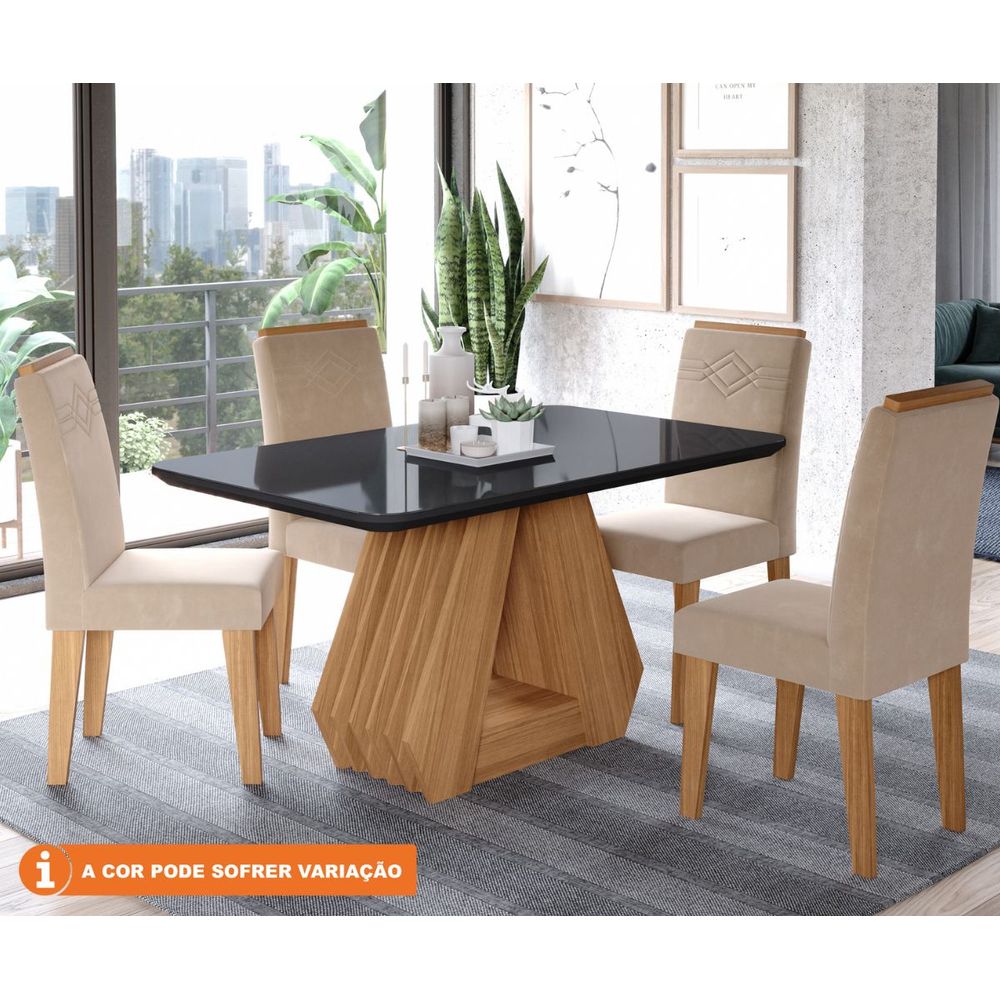 Conjunto Sala de Jantar Mesa Nature 1,35m com Vidro + 4 Cadeiras