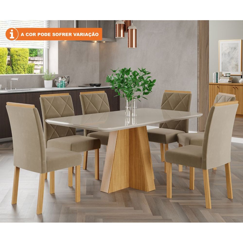 Conjunto Sala de Jantar Mesa Charlote 180x90 cm e 6 Cadeiras Fernanda Off  White/Nature/Madeira/Joli