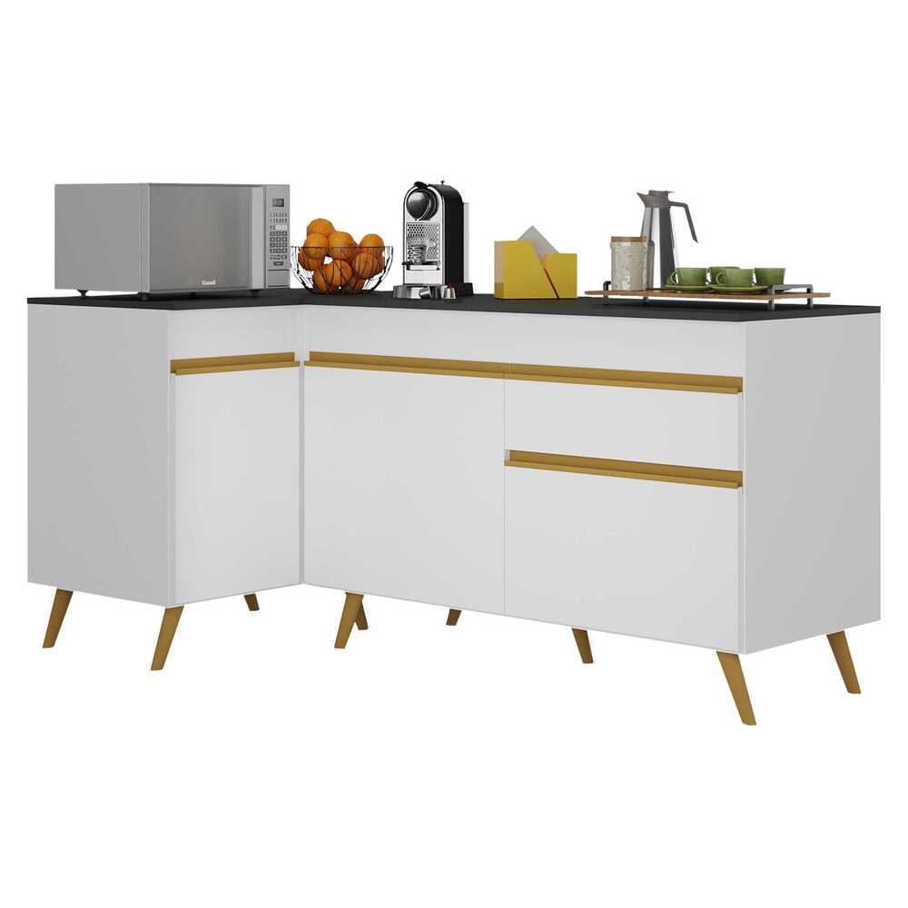 Kit Armário de Cozinha Balcão Canto 90cm e Gabinete Pia 120cm Veneza  Multimóveis MP2157 Branco/Dourado